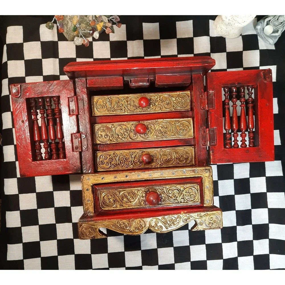 Vintage Handcrafted Thai Lanna Wooden Jewelry Box Armoire